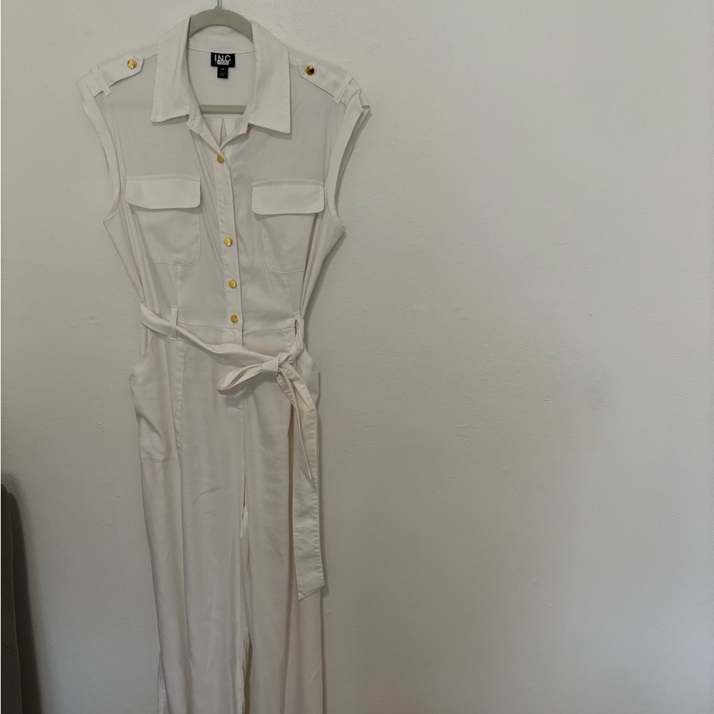 INC International Concepts Ivory Jumpsuit with Gold Accents